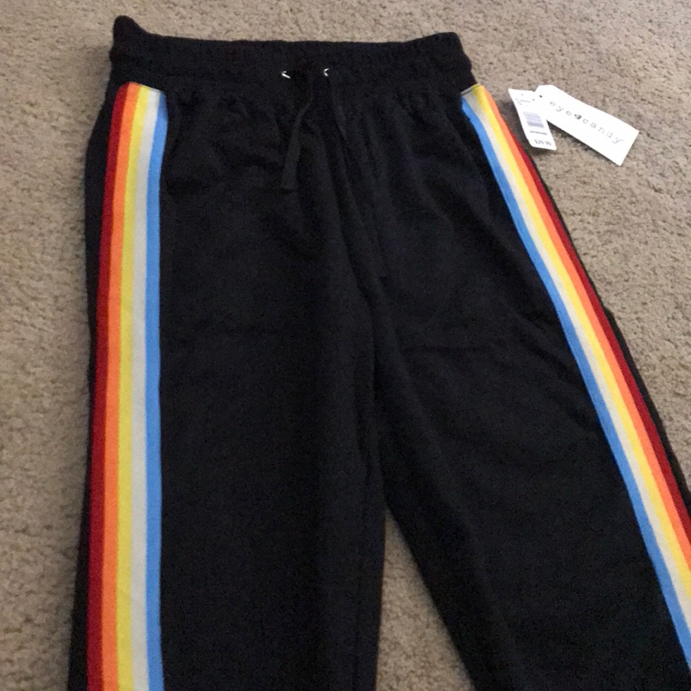 NWT Eye Candy Black Sweatpants with Rainbow Stripe